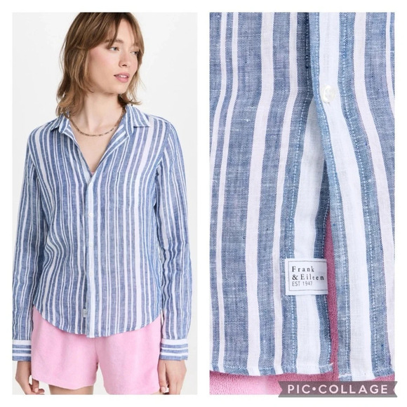 Frank & Eileen Barry 100% Linen Multi Blue Striped Button Down Blouse Shirt S - Picture 1 of 9